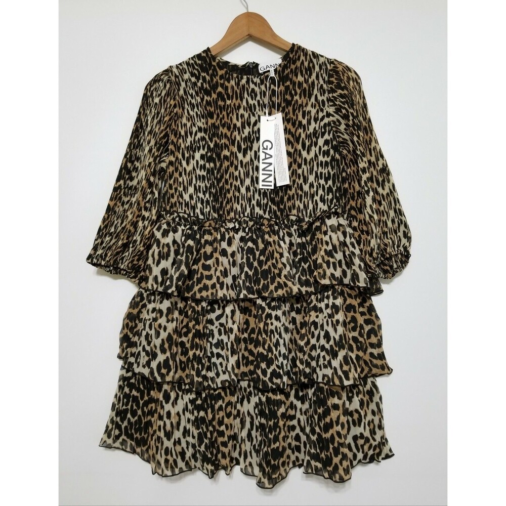 NWT Ganni Leopard Pleated Georgette Tiered Ruffle Dress 36(4), 38(6), 40(8) $235 - Picture 9 of 12